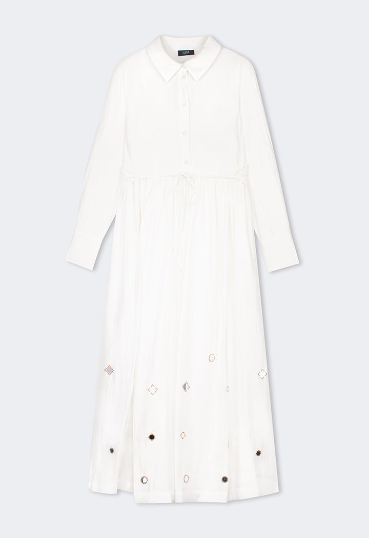 Choice Mirror Embroidered Belted Maxi Dress Off White