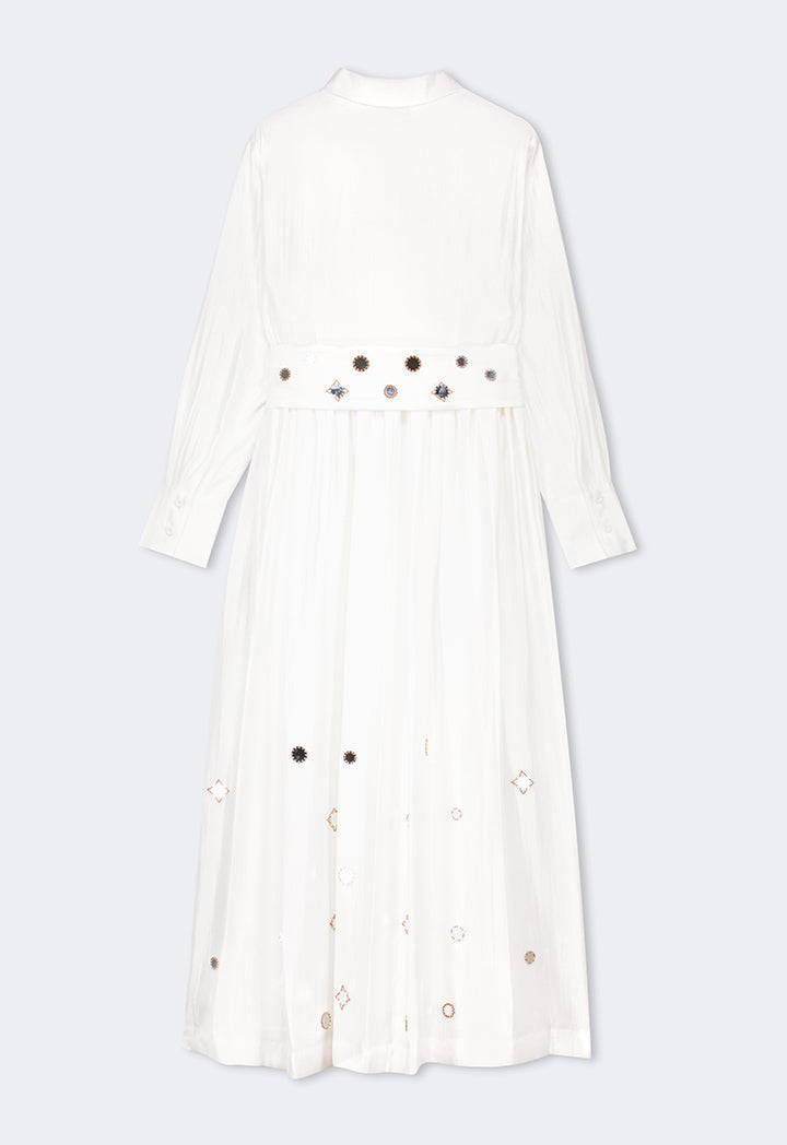 Choice Mirror Embroidered Belted Maxi Dress Off White