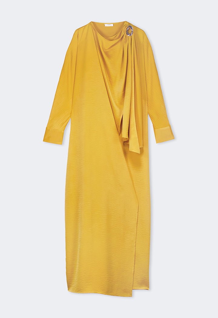 Choice Solid Maxi Dress With Attachable Scarf  Mustard