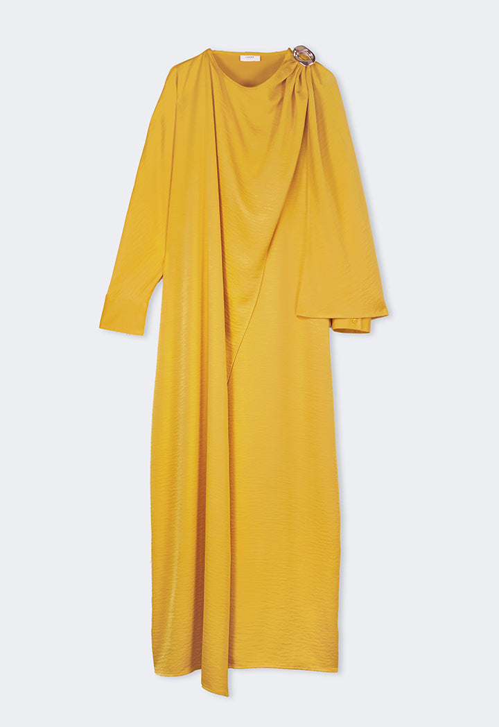 Choice Solid Maxi Dress With Attachable Scarf  Mustard
