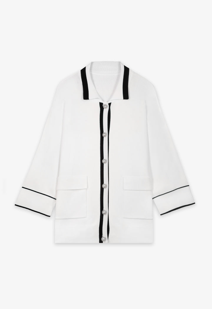 Choice Contrast Knitted Belted Cardigan Off White