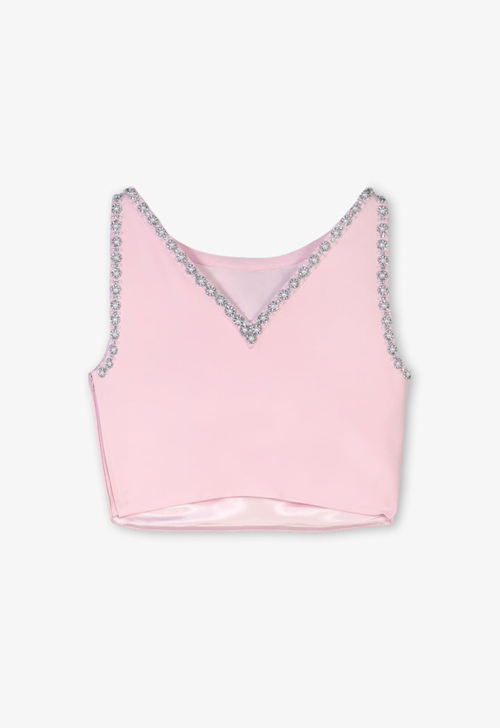 Choice Crystal Faux Pearl Embellished Sleeveless Cropped Top Pink