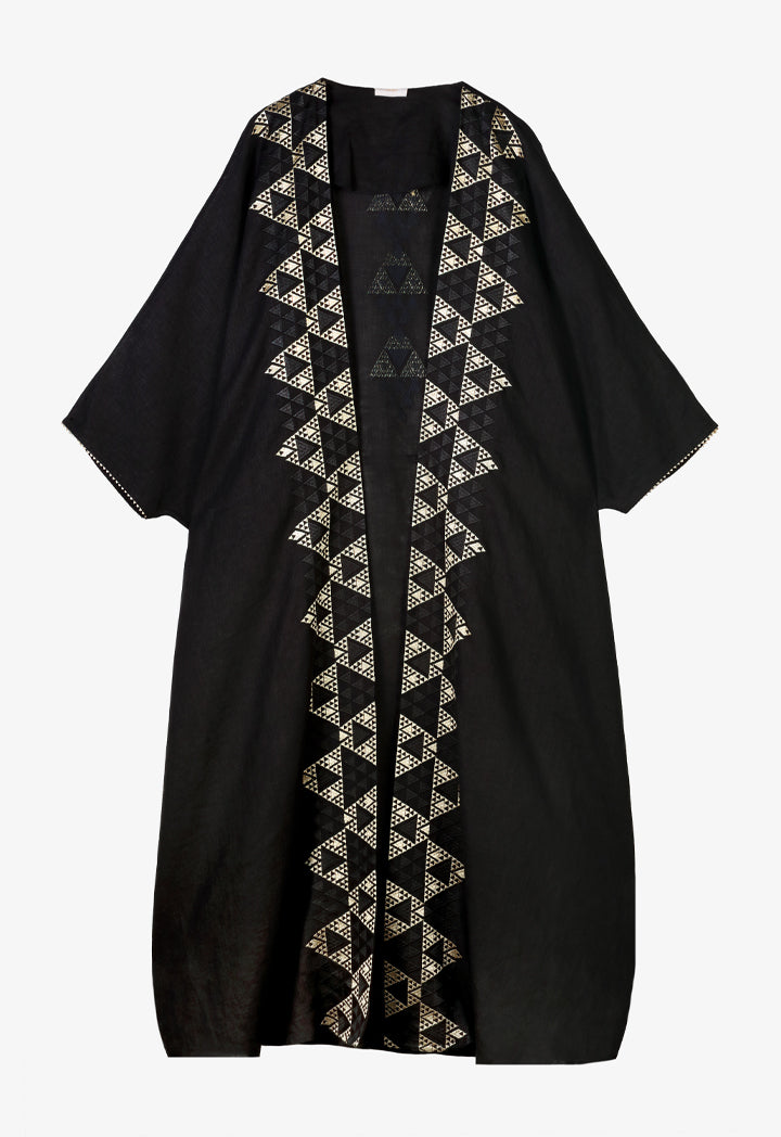 Choice Solid Maxi Abaya With Embroidered Geometric - Ramadan Style Black