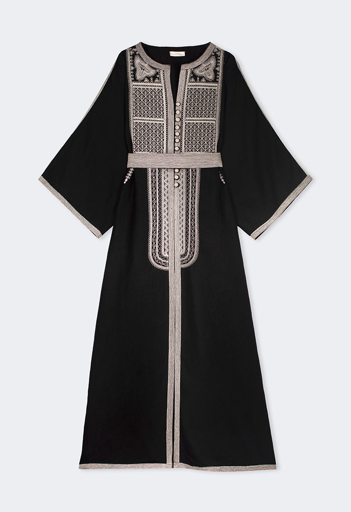 Choice Lurex Embroidered Flared Belted Abaya Black