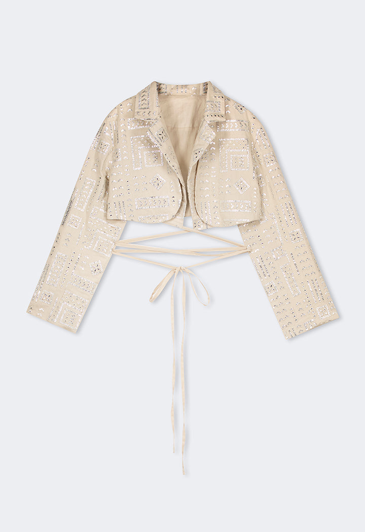 Choice Long Sleeve Mirror Embroidered Cropped Jacket Beige