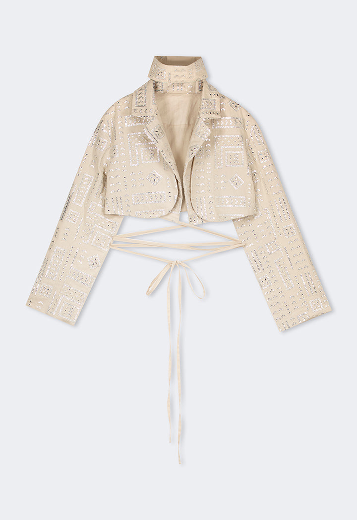 Choice Long Sleeve Mirror Embroidered Cropped Jacket Beige