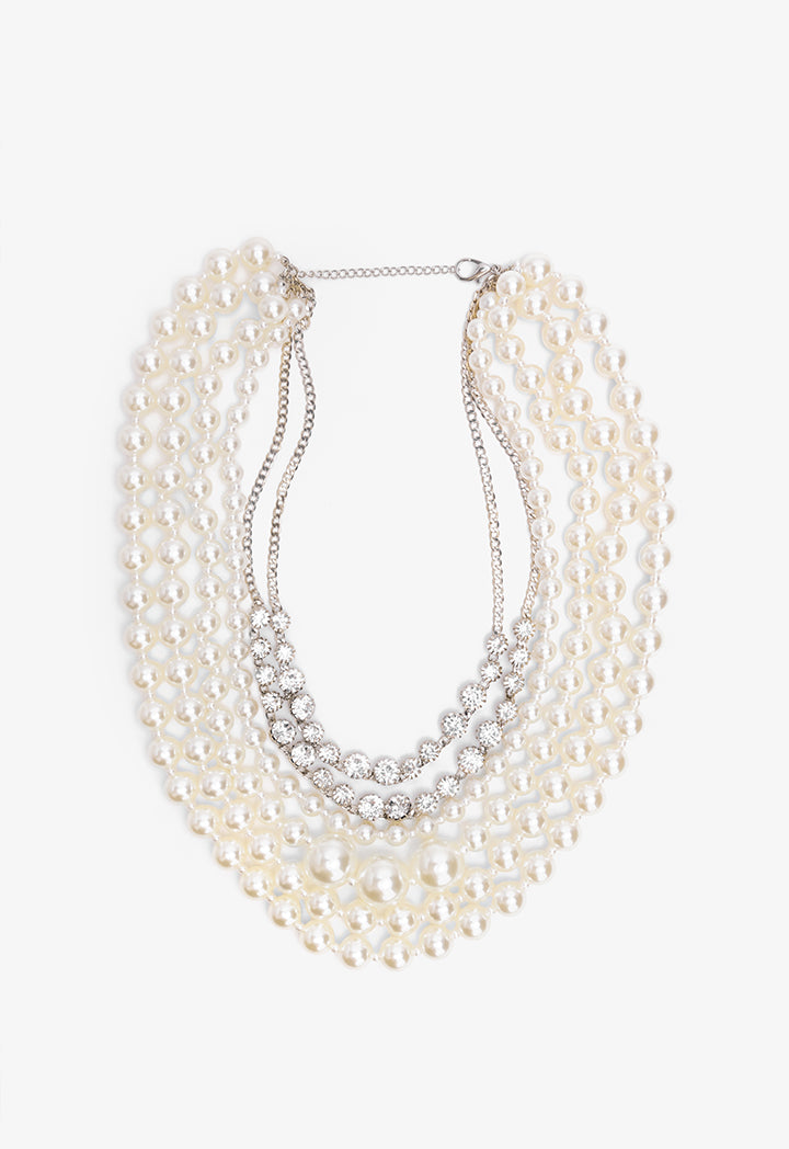 Choice Chunky Crystal Embellished Faux Pearls Necklace Off White