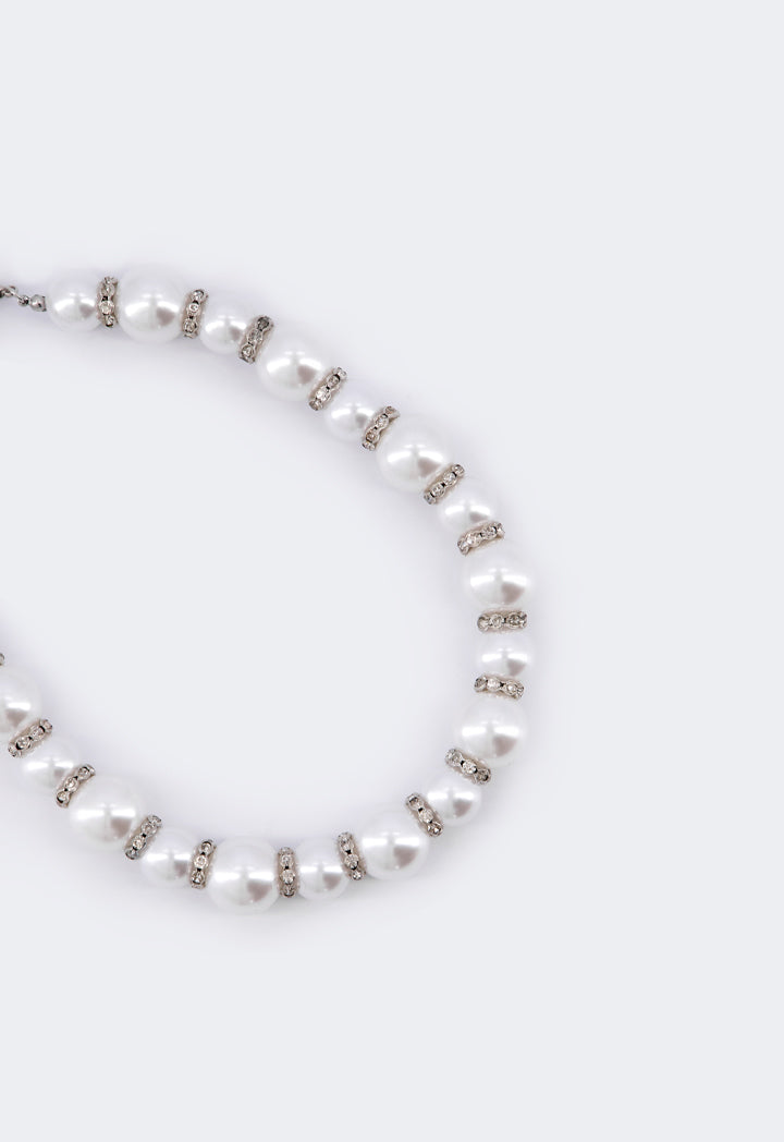 Choice Chunky Faux Pearl Crystal Necklace Off White
