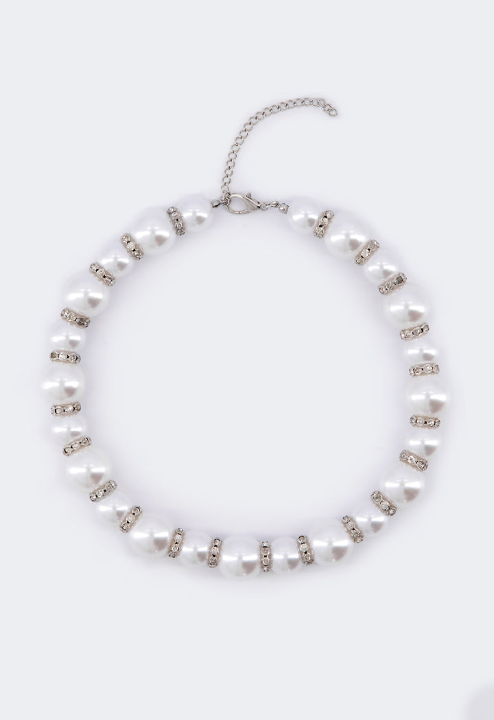 Choice Chunky Faux Pearl Crystal Necklace Off White
