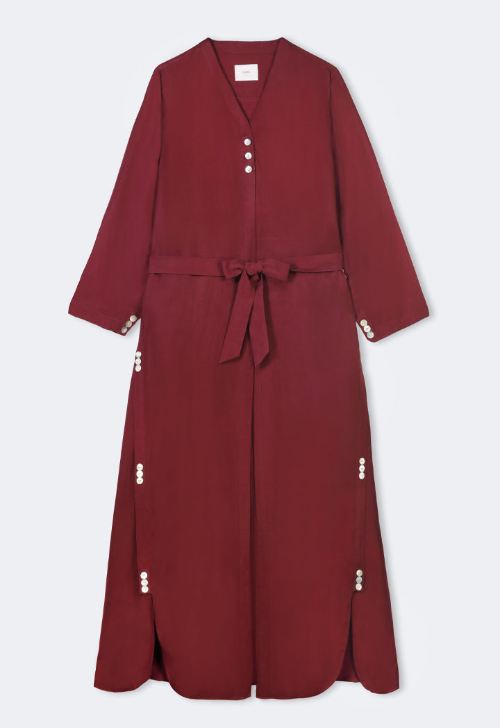 Choice Solid Oversized Maxi Belted Abaya With Hijab Burgundy