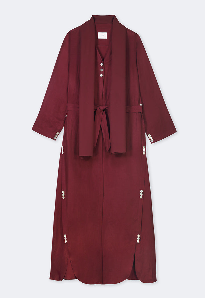 Choice Solid Oversized Maxi Belted Abaya With Hijab Burgundy