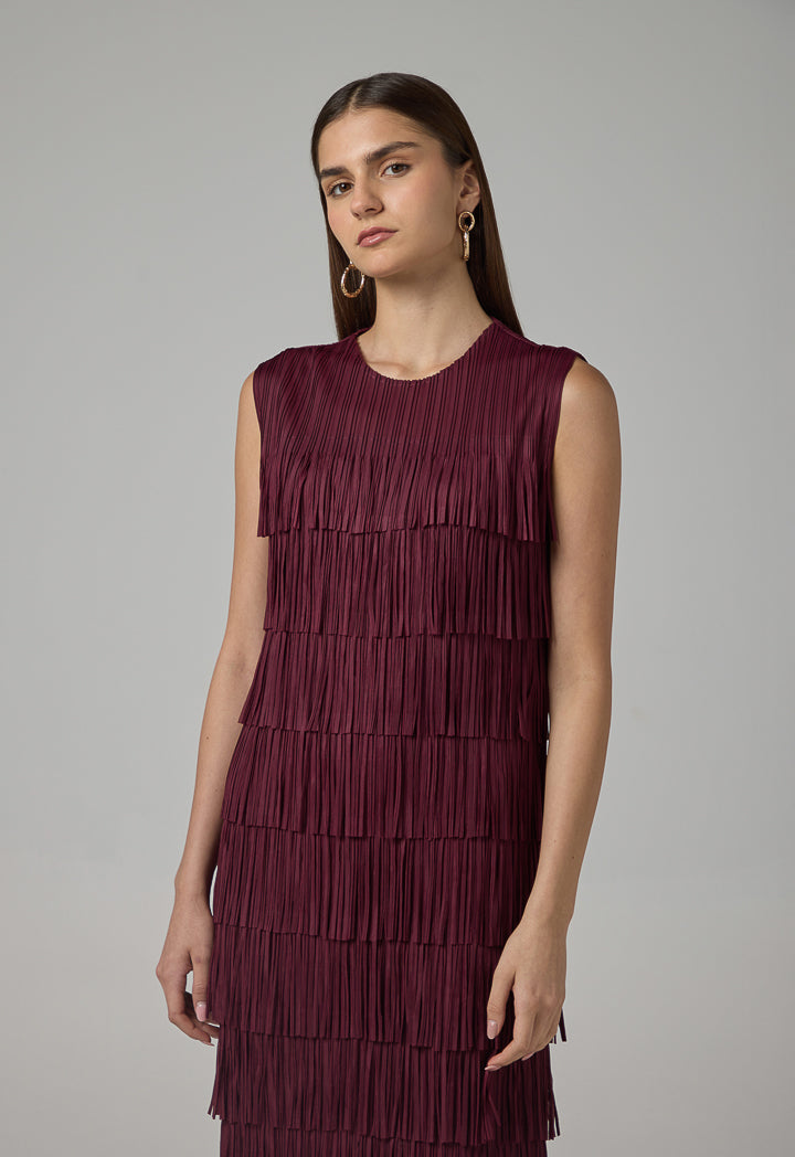 Choice Fringe Detail Sleeveless Dress Burgundy
