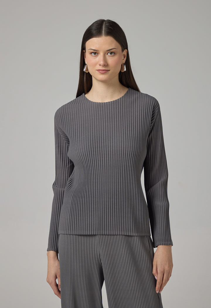 Choice Long Sleeve Pleated Blouse Grey