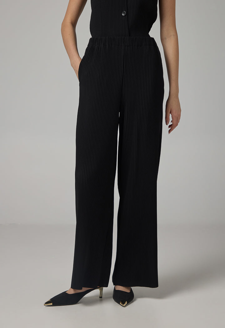 Choice Wide Leg Pleated Solid Trousers Black