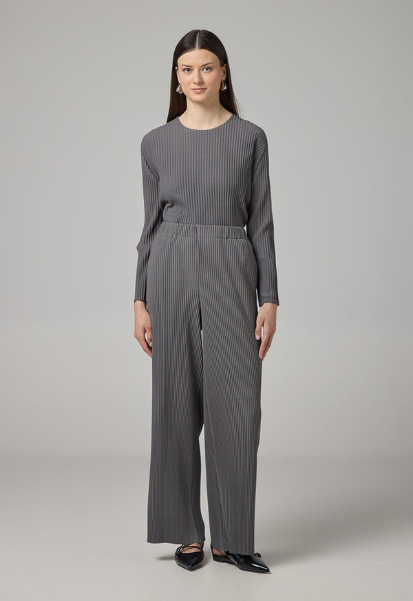 Choice Wide Leg Pleated Solid Trousers Grey