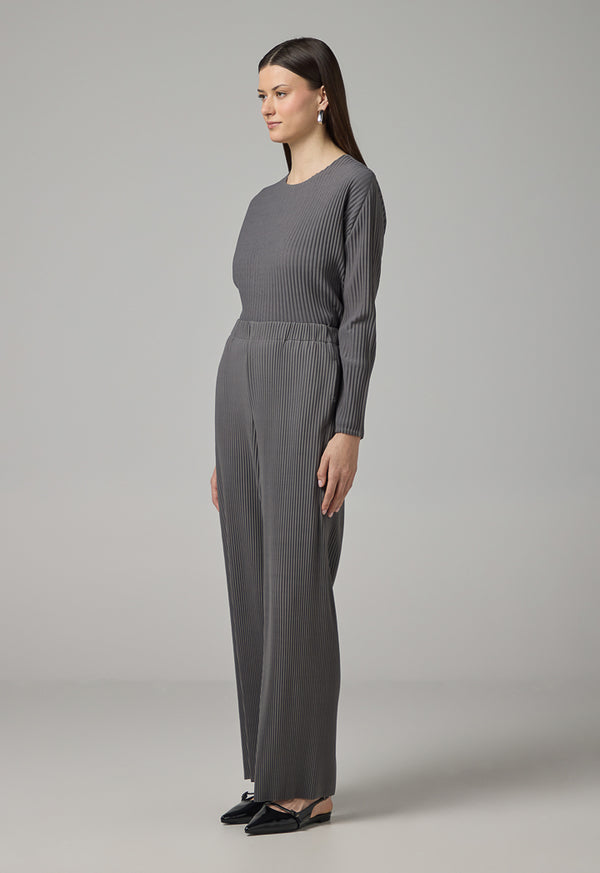 Choice Wide Leg Pleated Solid Trousers Grey