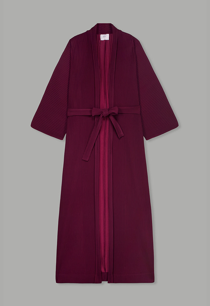 Choice Solid Pleated Belted Maxi Abaya Burgundy