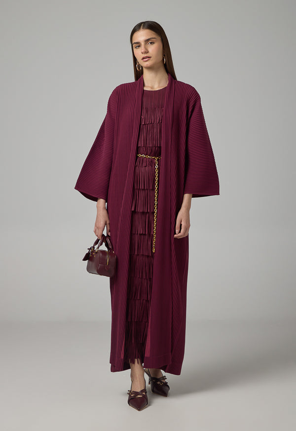 Choice Solid Pleated Belted Maxi Abaya Burgundy