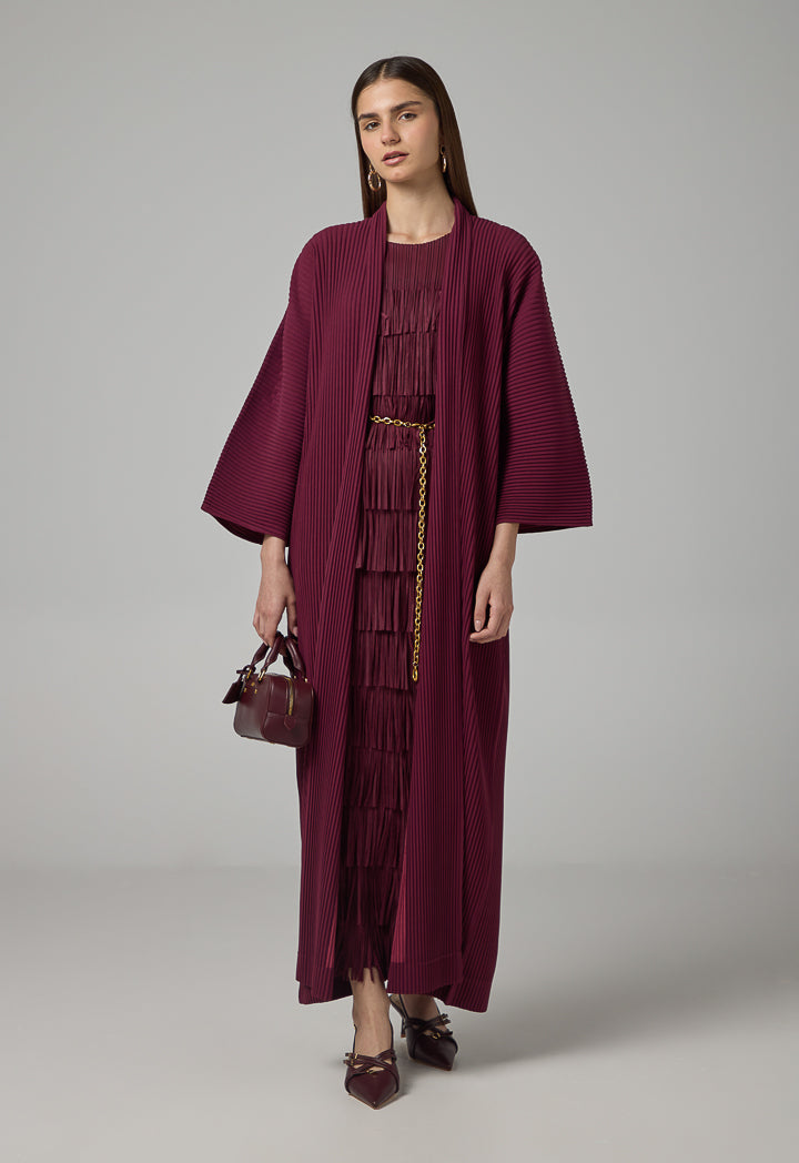 Choice Solid Pleated Belted Maxi Abaya Burgundy