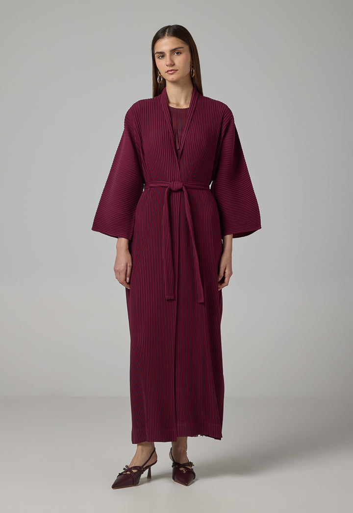 Choice Solid Pleated Belted Maxi Abaya Burgundy