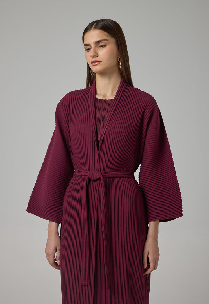 Choice Solid Pleated Belted Maxi Abaya Burgundy