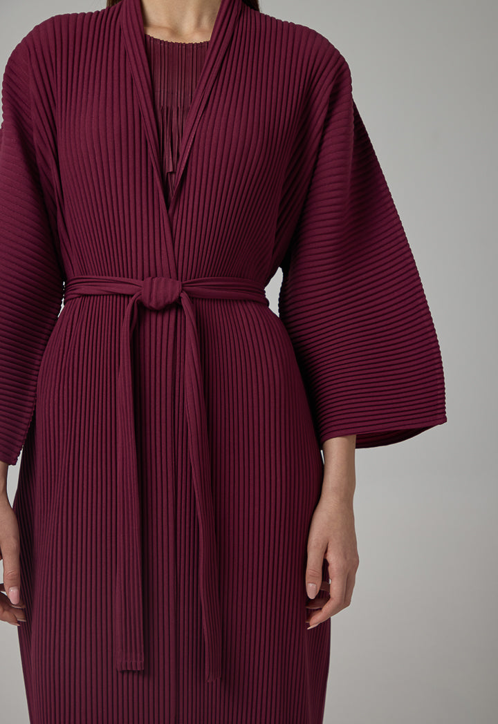 Choice Solid Pleated Belted Maxi Abaya Burgundy