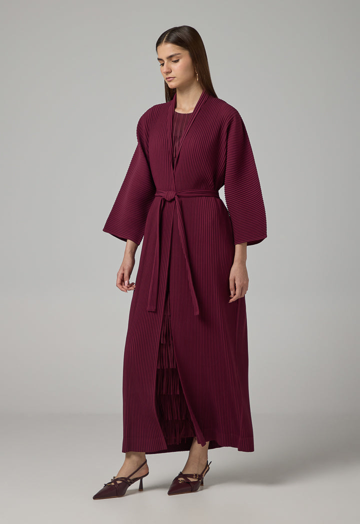Choice Solid Pleated Belted Maxi Abaya Burgundy