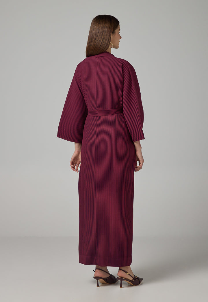 Choice Solid Pleated Belted Maxi Abaya Burgundy