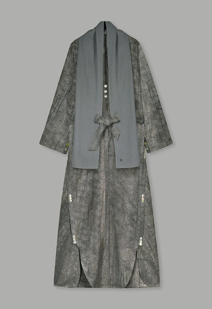 Choice Textured Jacquard Belted Abaya With Hijab (2Pcs) Grey