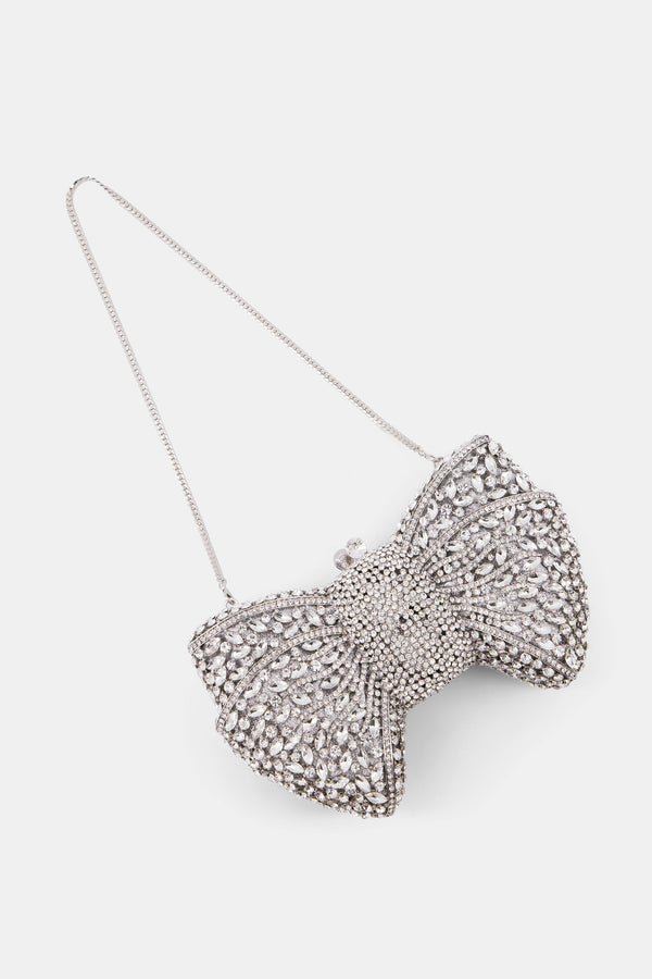 Nean Bow Clutch Bags Crystal Embellished Silver