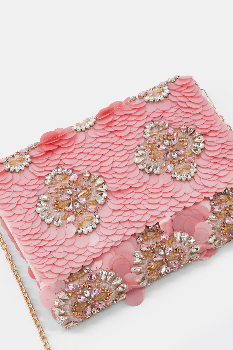 Nean Solid Sequins Embellished Clutch Bag Pink