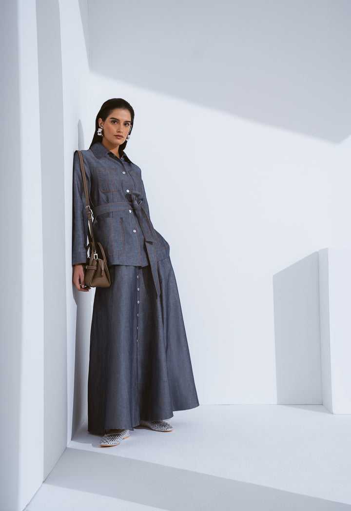 Choice Multi Front Pocket Coat With Belt Indigo