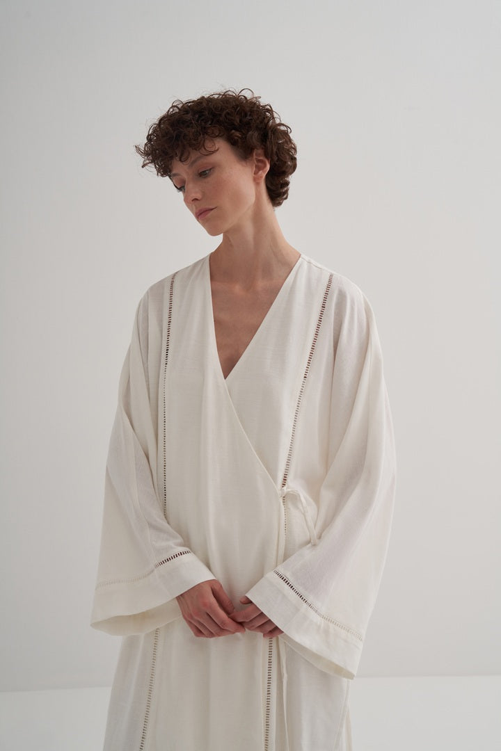 Kk Design Linen Scallop Detailed Kimono Ecru