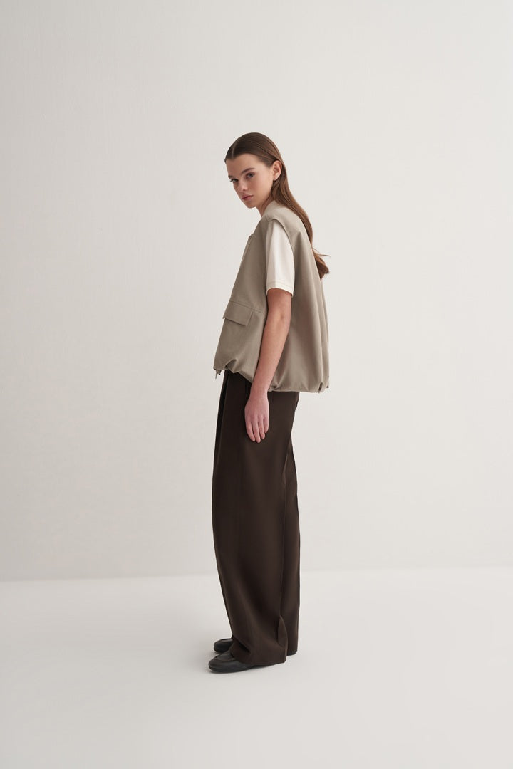 Kk Design Zipper Closure Flounce Vest Light Khaki