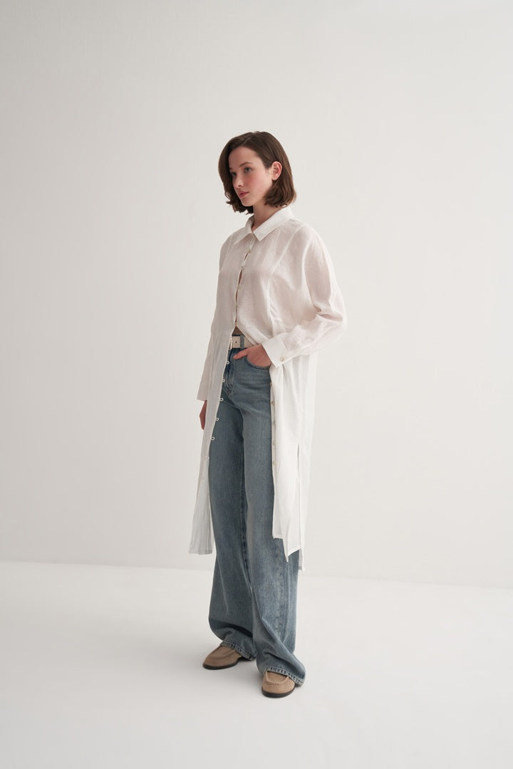 Kk Design 100% Linen Midi Shirt Dress Ecru