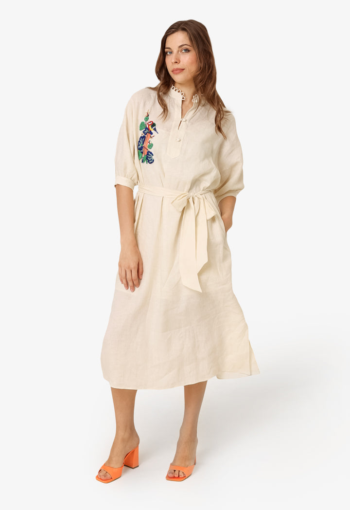 Machka Embroidered Detail Linen Dress Ecru