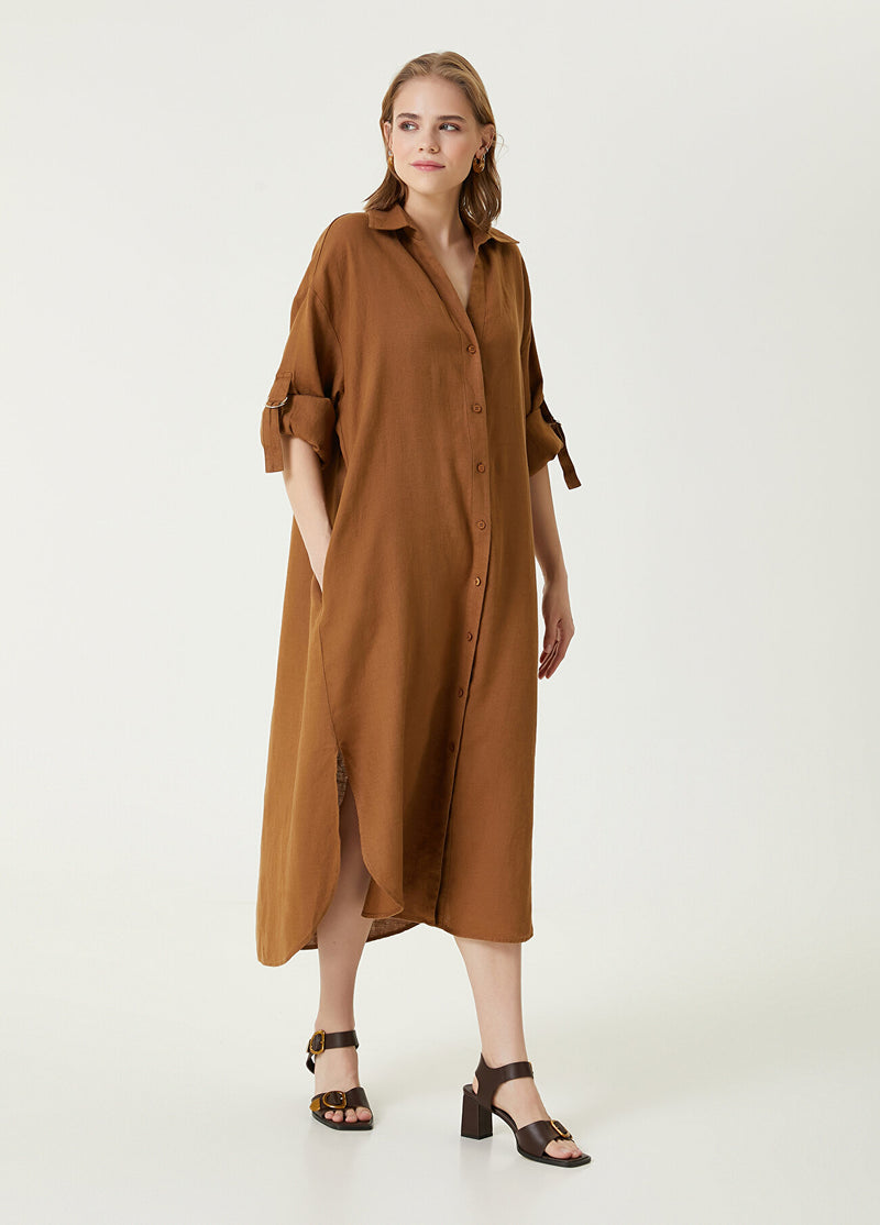 Beymen Club Linen Dress With Slit Detail  Camel