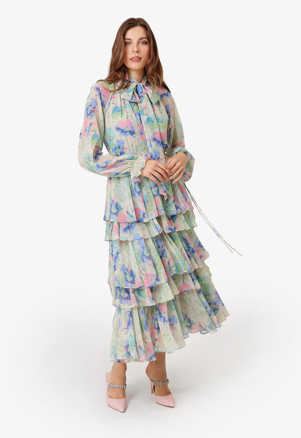 Machka Floral Printed Layered Dress Oil