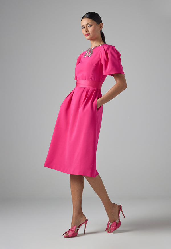 Choice Solid Puff Sleeves Crystal Dress Fuchsia