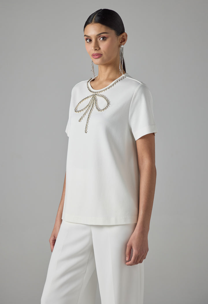 Choice Solid Crystal Embellished T-Shirt Off White