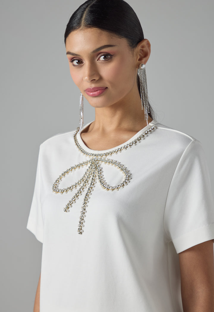 Choice Solid Crystal Embellished T-Shirt Off White