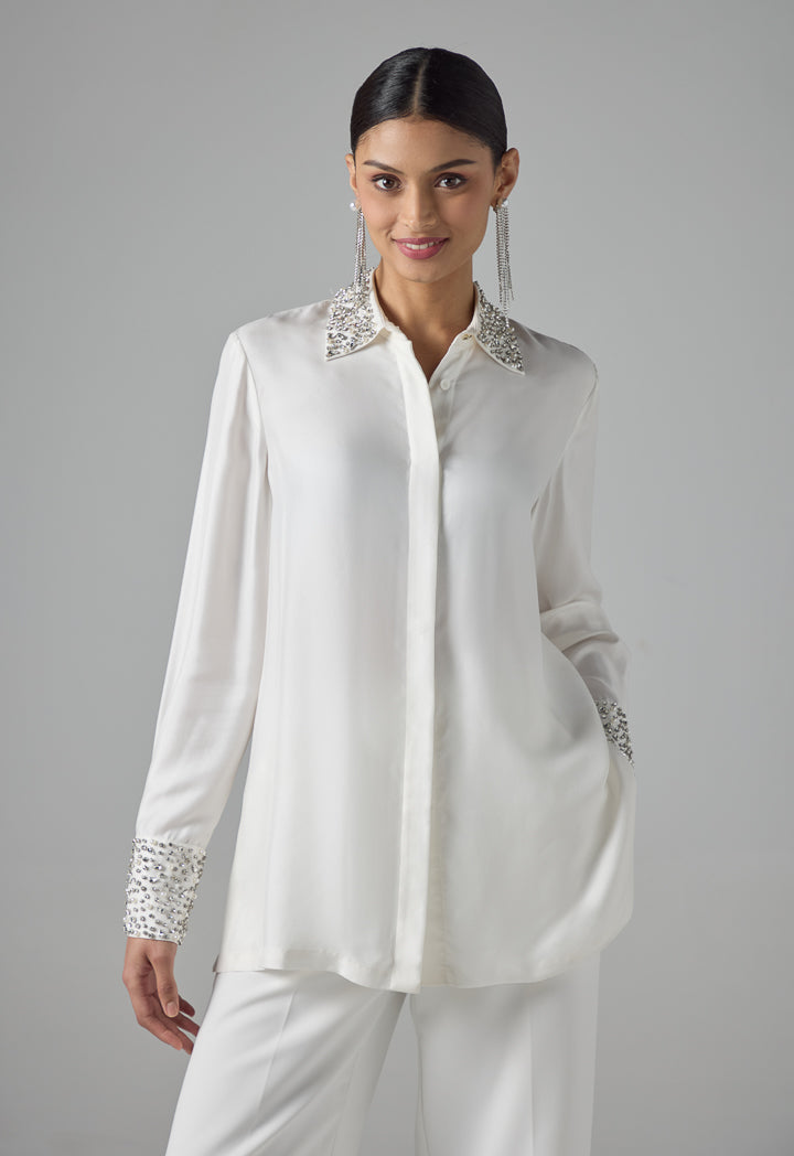 Choice Solid Long Sleeve Crystal Embellished Shirt Off White