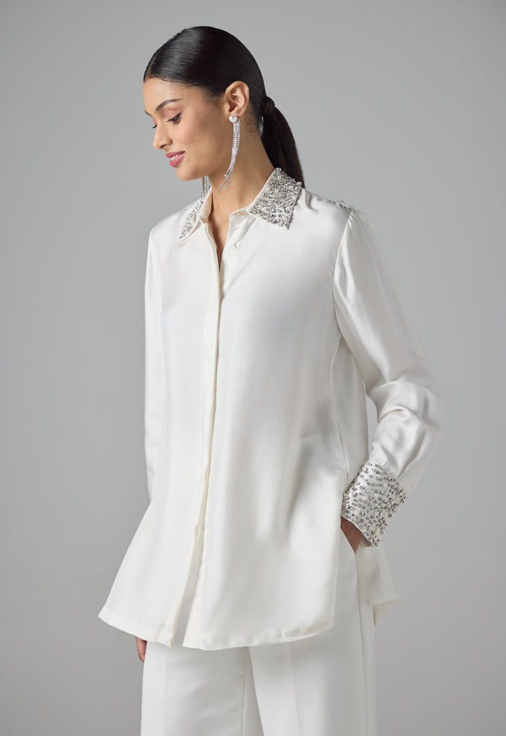 Choice Solid Long Sleeve Crystal Embellished Shirt Off White