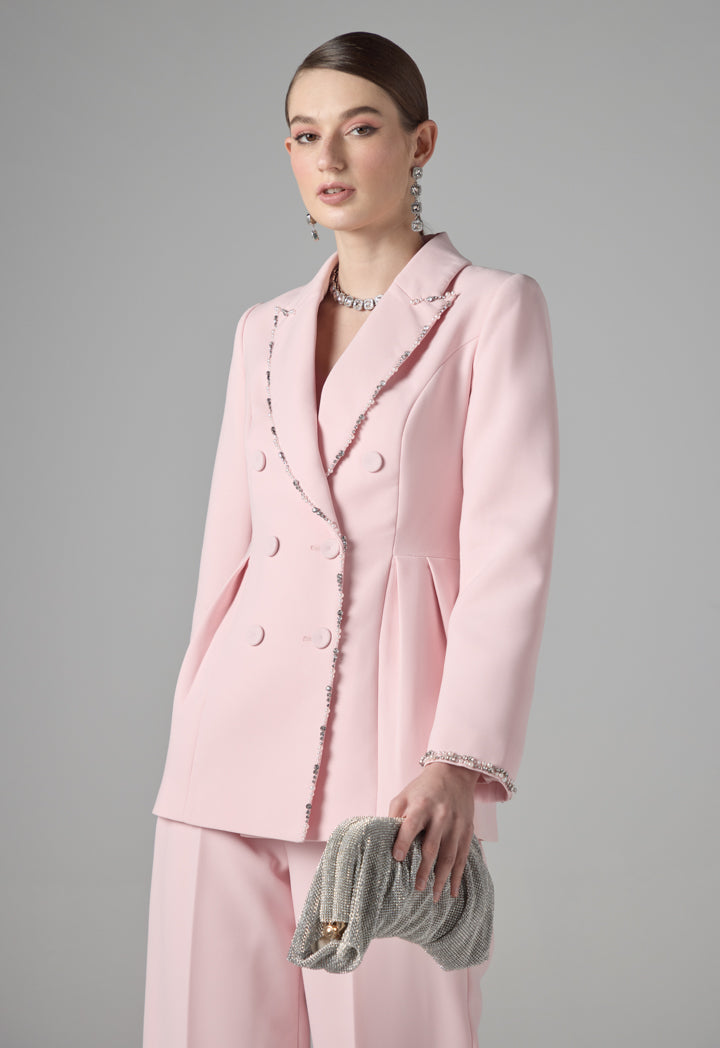 Choice Faux Pearl Embellished Double Breasted Blazer Pink