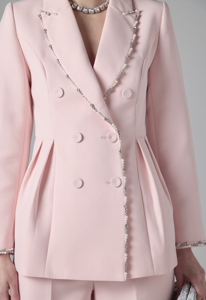 Choice Faux Pearl Embellished Double Breasted Blazer Pink