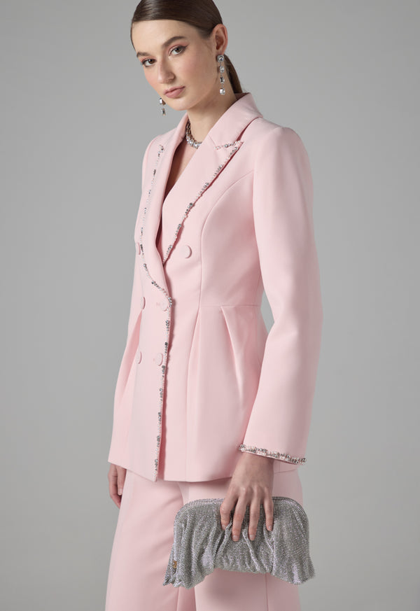 Choice Faux Pearl Embellished Double Breasted Blazer Pink