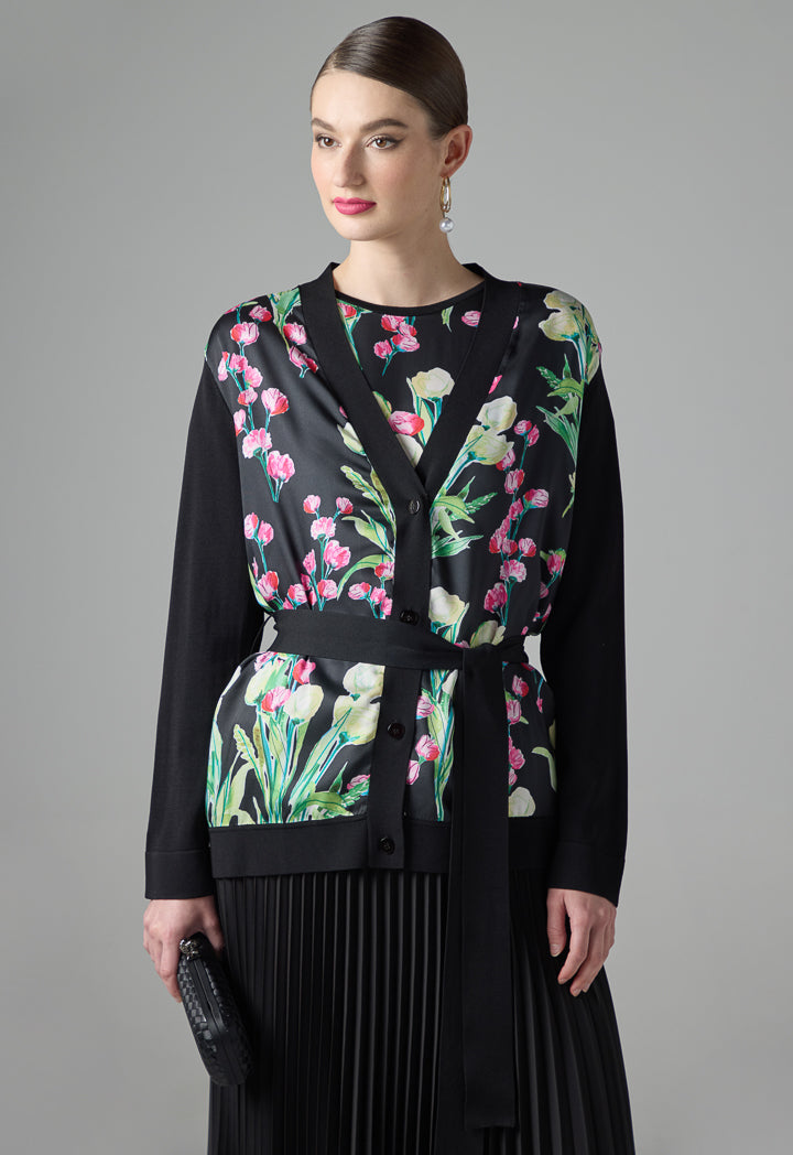 Choice Long Sleeve Floral Print Belted Cardigan Multi Color