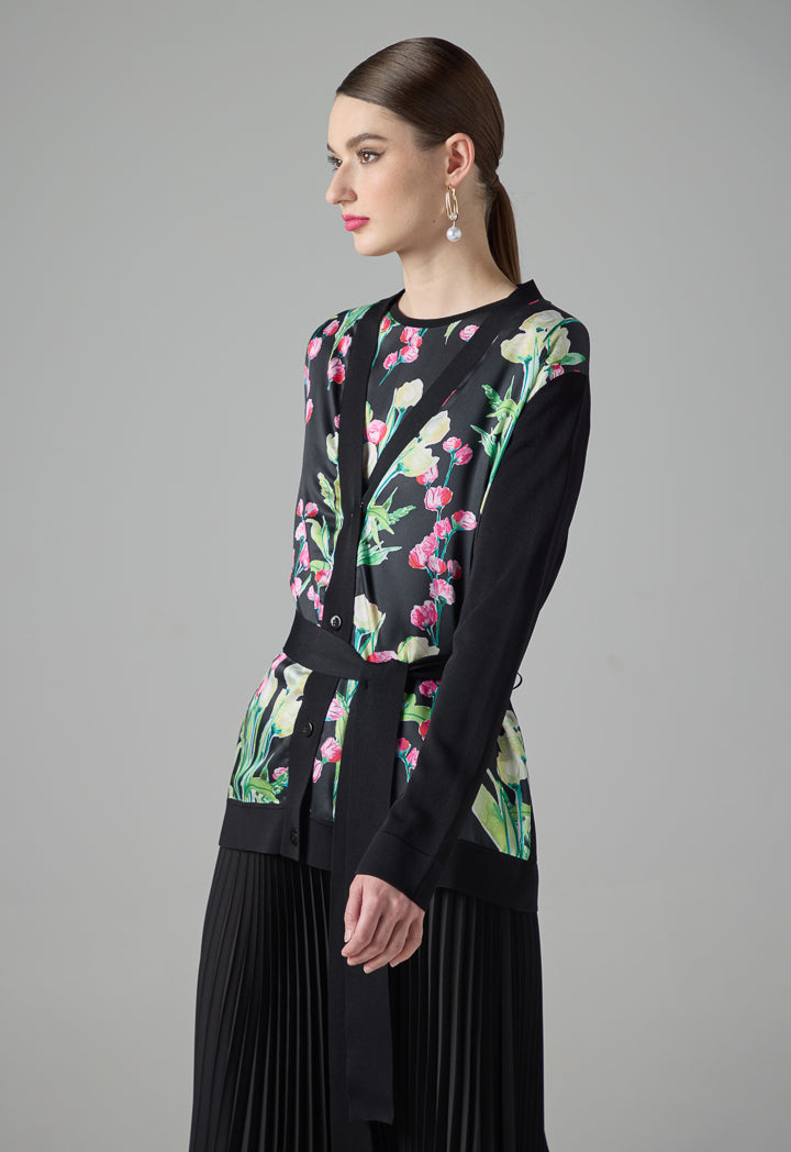 Choice Long Sleeve Floral Print Belted Cardigan Multi Color