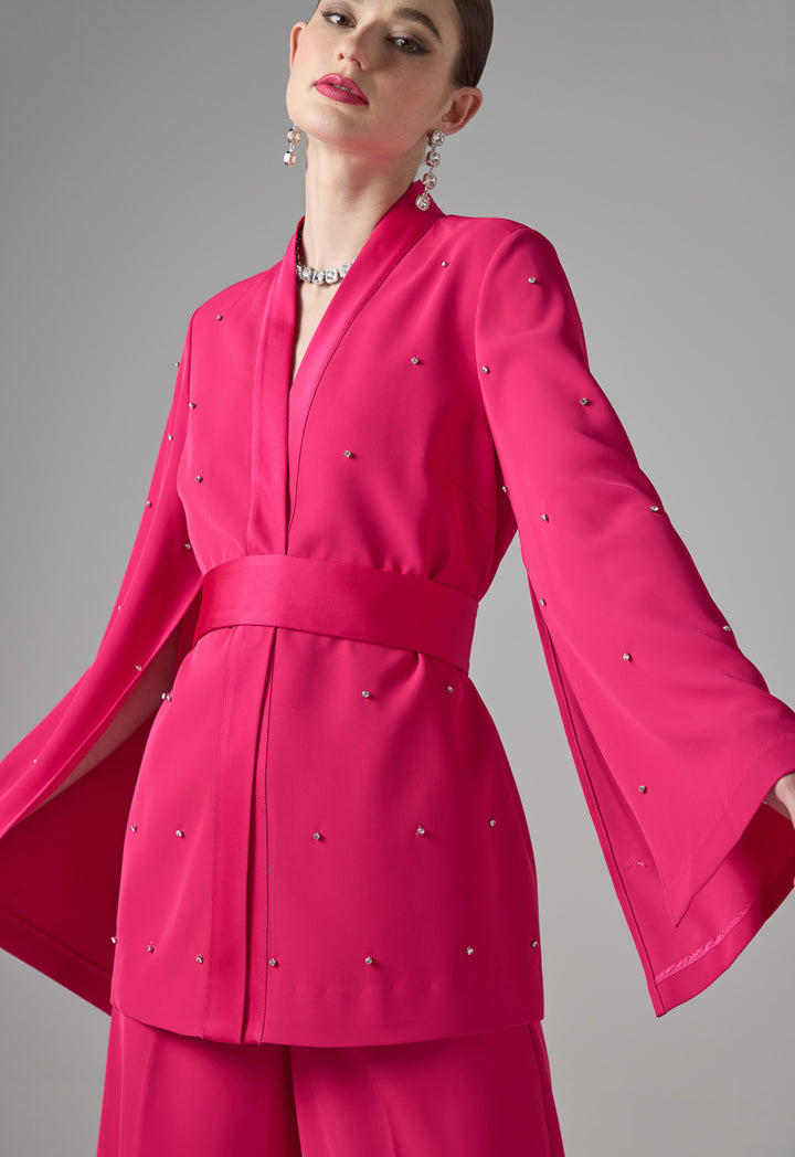 Choice Solid Crystal Embellished Belted Jacket Fuchsia