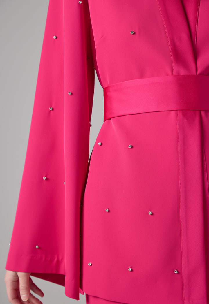 Choice Solid Crystal Embellished Belted Jacket Fuchsia